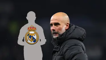 A mystery man with a Real Madrid logo on it while Pep Guardiola looks straight with a black jacket.