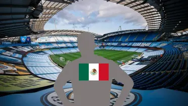 A mystery Mexican player has his hands on hips with the background of the Manchester City stadium.
