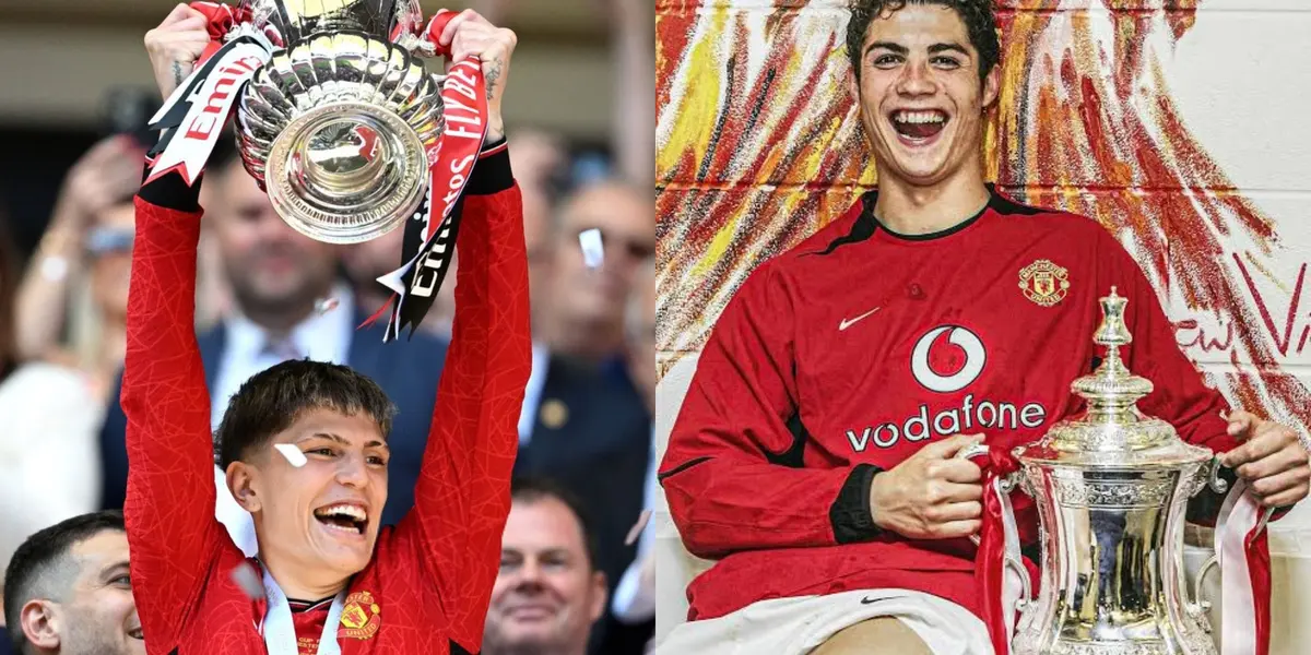 Alejandro Garnacho lifts the FA Cup trophy with Manchester United while a young Cristiano Ronaldo smiles with the FA Cup trophy with Manchester United.
