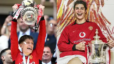 Alejandro Garnacho lifts the FA Cup trophy with Manchester United while a young Cristiano Ronaldo smiles with the FA Cup trophy with Manchester United.