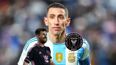 Angel Di Maria wears the Argentina jersey while Lionel Messi slightly smiles and the Inter Miami badge is next to him. (Source: All About Argentina X, Messi Xtra X)