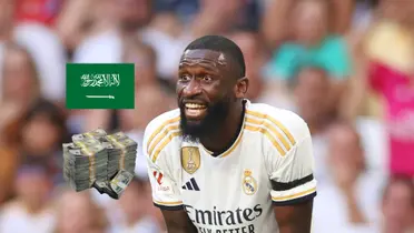 Antonio Rudiger looks in shock with a Real Madrid jersey on while the Saudi Arabia flag and a stack of cash is next to him. (Source: DeadlineDayLive X)