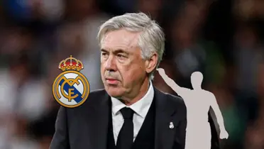 Carlo Ancelotti looks serious as the Real Madrid badge is below him and a mystery player is next to him. (Source: Fabrizio Romano X)