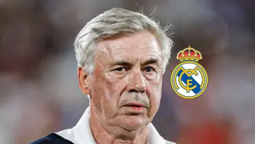 Carlo Ancelotti looks serious while wearing the Real Madrid jacket and the Real Madrid badge is next to him.