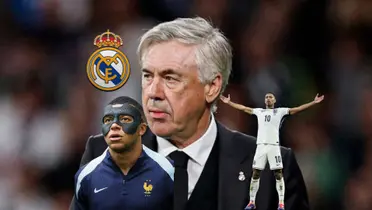 Carlo Ancelotti looks to the side as the Real Madrid badge is next to him while Kylian Mbappé and Jude Bellingham represent their national teams. (Source: Madrid Xtra X)