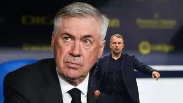Carlo Ancelotti looks up while Hansi Flick points where an all black suit.