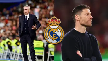 Carlo Ancelotti makes a gesture to calm down while Xabi Alonso crosses his arms; the Real Madrid logo is in the middle.