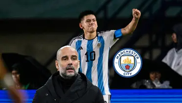 Claudio Echeverri celebrates a goal with the U17 Argentina team and Pep Guardiola looks concerned with a black jacket on while the Man City badge is next to him. (Source: SI Illustrated)