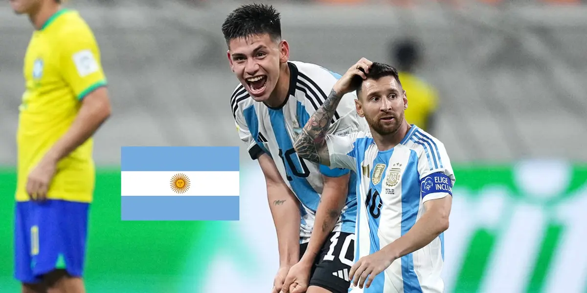 Claudio Echeverri celebrates his goal while Lionel Messi scratches his head wearing the Argentina jersey; both are next to the Argentina flag. (Source: BR Football X, Messi Xtra X)