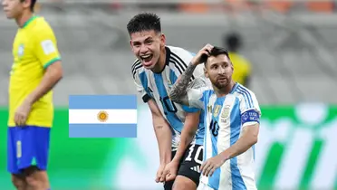 Claudio Echeverri celebrates his goal while Lionel Messi scratches his head wearing the Argentina jersey; both are next to the Argentina flag. (Source: BR Football X, Messi Xtra X)