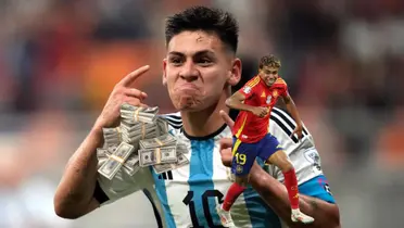 Claudio Echeverri celebrates with Argentina while Lamine Yamal celebrates with Spain and a stack of cash next to them. (Source: AP, EURO 2024 X)  