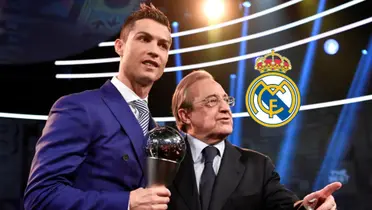 Cristiano Ronaldo and Florentino Perez are together at The Best Awards while the Real Madrid badge is next to them. (Source: Getty Images)