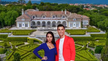 Cristiano Ronaldo and Georgina pose for a picture together while a huge mansion in Portugal is behind them. (Source: CORBIS/CORBIS, Portugal Sotheby's International Realty)