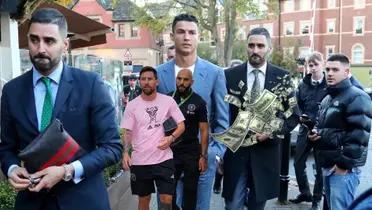 Cristiano Ronaldo and his bodyguards walked together while Lionel Messi is with his bodyguard in Miami.