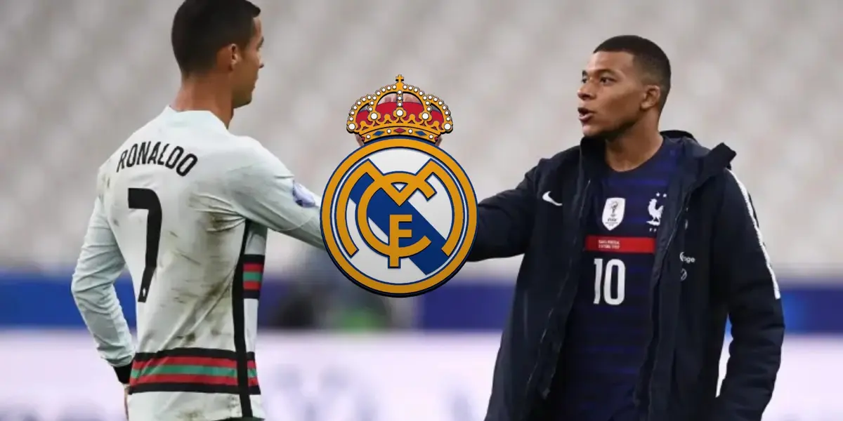 Cristiano Ronaldo and Kylian Mbappé shake hands while the Real Madrid badge is in the middle.