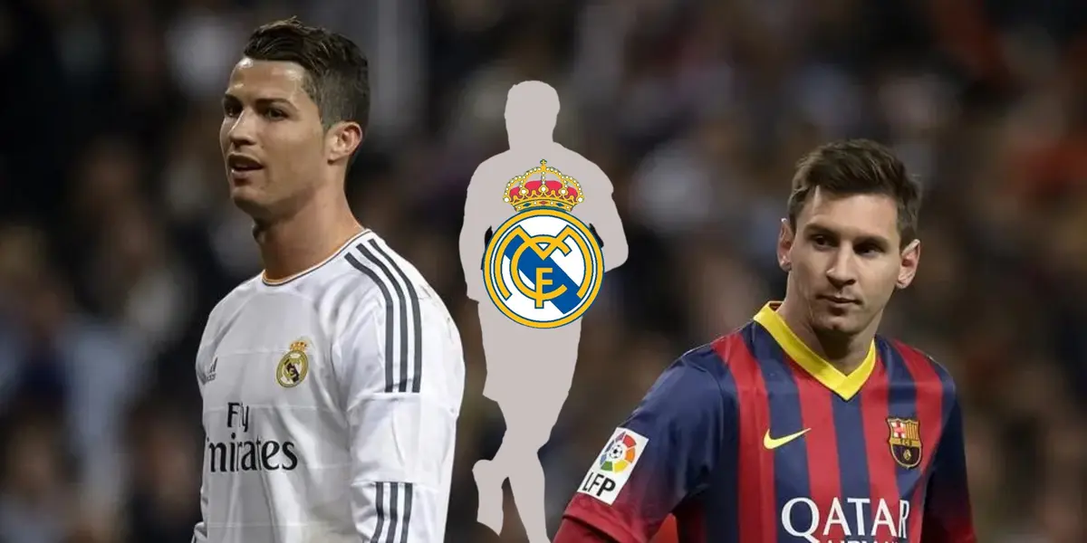 Cristiano Ronaldo and Lionel Messi are next to each other while a mystery player has the Real Madrid badge on. (Source: Getty Images)