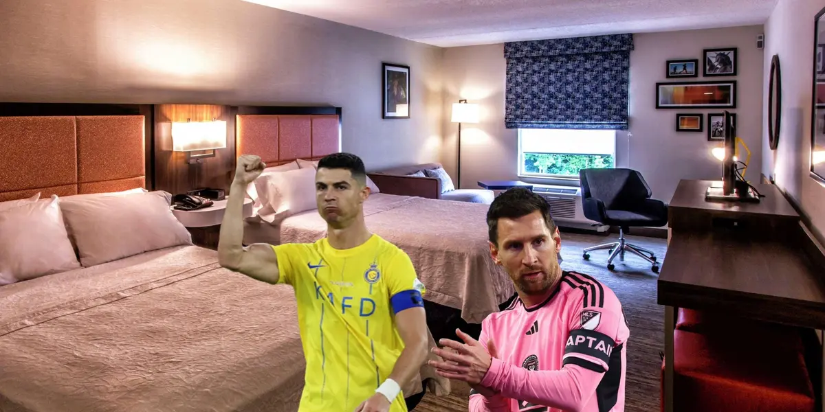 Cristiano Ronaldo and Lionel Messi celebrate their team's wins with a background of a hotel room.