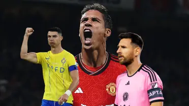 Cristiano Ronaldo and Lionel Messi look serious while wearing their team jerseys and Raphael Varane shouts with a Man United jersey on. (Source: Varane X, Messi Xtra X, Cristiano Xtra X)
