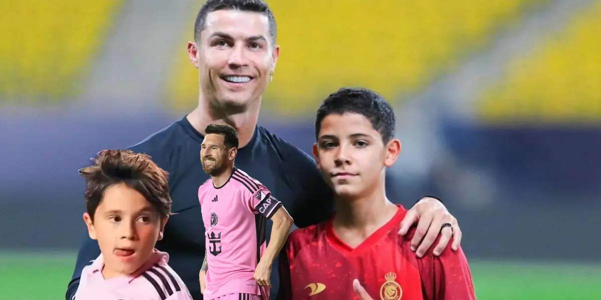 Cristiano Ronaldo and Ronaldo Jr. pose for a picture while Mateo Messi and Lionel Messi wear the Inter Miami jersey.