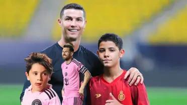 Cristiano Ronaldo and Ronaldo Jr. pose for a picture while Mateo Messi and Lionel Messi wear the Inter Miami jersey.