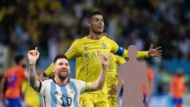 Cristiano Ronaldo celebrates a goal with Al Nassr while Lionel Messi celebrates a goal for Argentina and a mystery player is next to him. (Source: Getty Images)