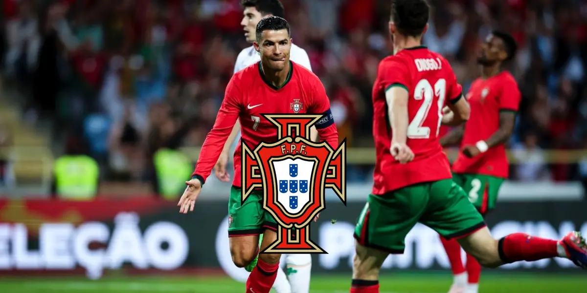 Cristiano Ronaldo celebrates his goal with Diogo Jota and the Portugal national team badge is in the middle. (Source: Al Nassr Zone X)