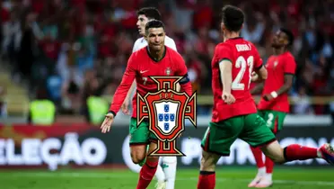 Cristiano Ronaldo celebrates his goal with Diogo Jota and the Portugal national team badge is in the middle. (Source: Al Nassr Zone X)
