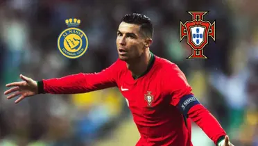 Cristiano Ronaldo extends his arms out during a celebration as he wears the Portugal jersey; the Al Nassr and the Portugal national team badge is near him.