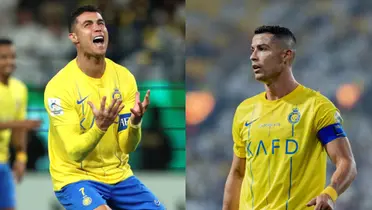 Cristiano Ronaldo is angry on the left side while Ronaldo is concerned on the right side; both images show the Al Nassr jersey.