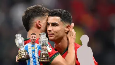 Cristiano Ronaldo is consoled at the EUROS while Lionel Messi holds two Copa America trophies and is next to a mystery player. (Source: GOATTWORLD X, Messi Xtra X)