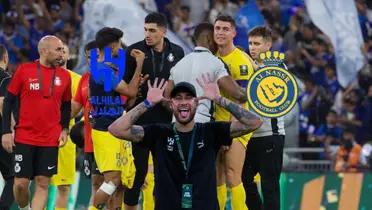 Cristiano Ronaldo is consoled by the Al Nassr staff while Neymar does his celebration while wearing a black Al Hilal shirt; the Al Hilal and Al Nassr logos are near them.