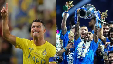 Cristiano Ronaldo is happy and has a finger up while Al Hilal celebrate by lifting the Saudi Pro League trophy.