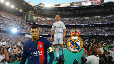 Cristiano Ronaldo is presented at the Santiago Bernabeu while Kylian Mbappé is wearing the PSG jersey; the Real Madrid logo is next to him.