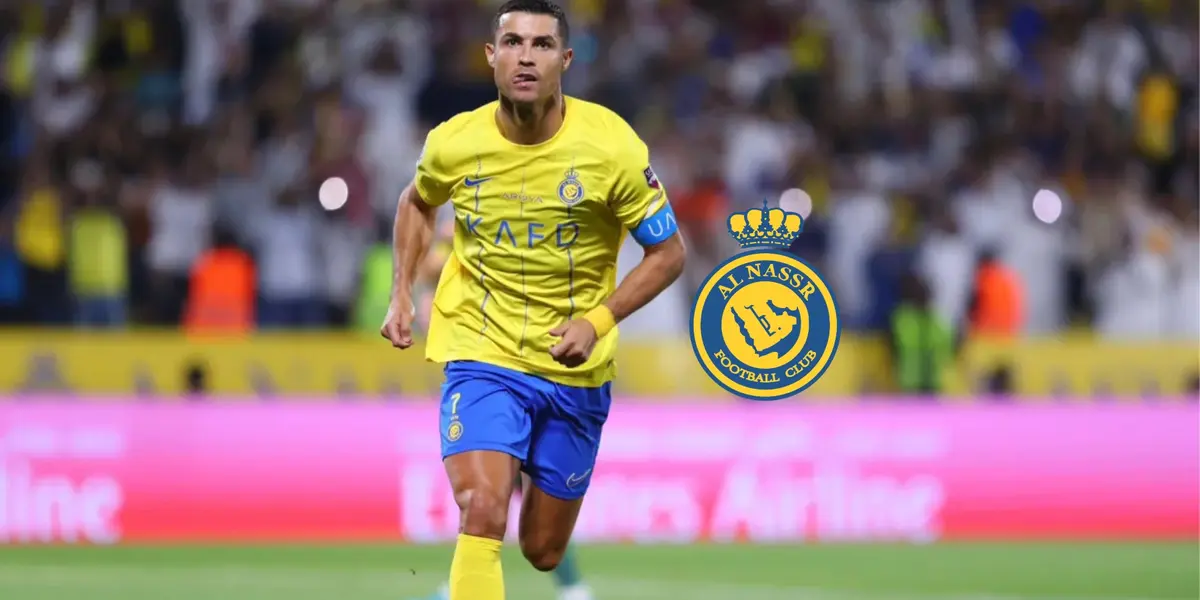 Cristiano Ronaldo is running while wearing the Al Nassr jersey; the Al Nassr badge is next to him.