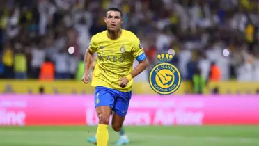 Cristiano Ronaldo is running while wearing the Al Nassr jersey; the Al Nassr badge is next to him.