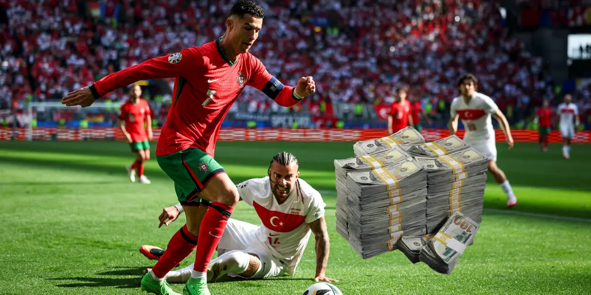 Cristiano Ronaldo looks at the ball with the Portugal jersey on and a stack of cash is next to him. (Source: Cristiano Ronaldo X)