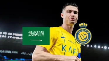 Cristiano Ronaldo looks at the camera in a serious way while there is a Saudi Arabia flag and an Al Nassr logo.