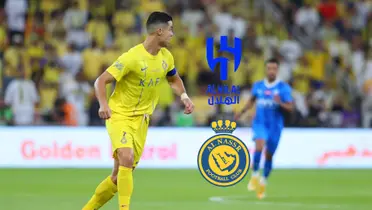 Cristiano Ronaldo looks back while wearing the Al Nassr kit; the Al Nassr and Al Hilal badges are next to him.
