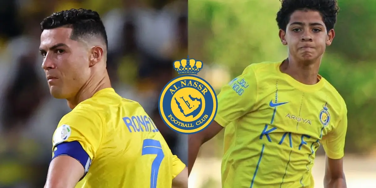 Cristiano Ronaldo looks back with an angry face while Cristiano Ronaldo Jr. runs with an Al Nassr jersey on. The Al Nassr logo is in the middle.
