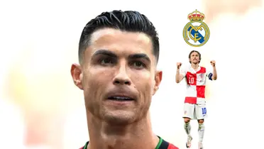 Cristiano Ronaldo looks concerned while a Luka Modric has the Real Madrid badge over him. (Source: GOATTWORLD X)