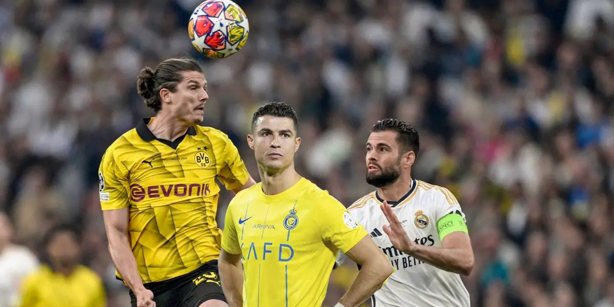 Cristiano Ronaldo looks disappointed while Sabitzer and Nacho go for the ball in the UCL Final.