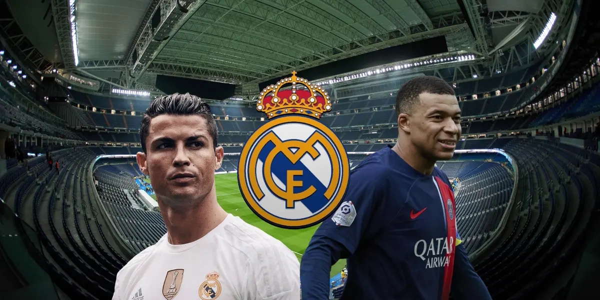 Cristiano Ronaldo looks focused with a Real Madrid shirt on while Mbappé smiles with a PSG shirt on.