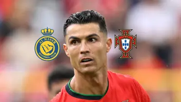 Cristiano Ronaldo looks surprised as he wears the Portugal jersey; the Al Nassr and the Portugal national team badges are on the side to him. (Source: The Independent)