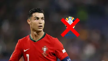 Cristiano Ronaldo looks to the side as he wears the Portugal kit and the Euro 2024 logo is crossed out. (Source: Al Nassr Zone X)