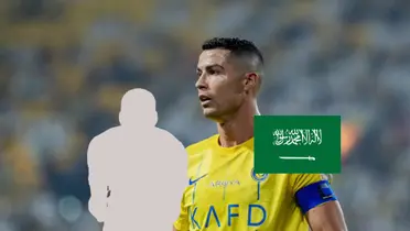 Cristiano Ronaldo looks to the side while he wears the Al Nassr jersey and a msytery player is next to the Saudi Arabia flag. (Source: GOATTWORLD X)