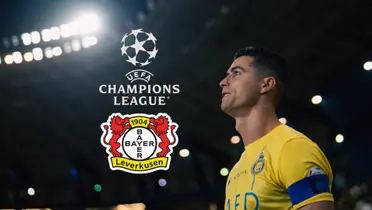 Cristiano Ronaldo looks up wearing an Al Nassr jersey while the Champions League and Bayer Leverkusen logo is next to him.