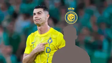 Cristiano Ronaldo looks upset while pointing at the Al Nassr badge on his jersey; the Al Nassr badge is above the mystery player. (Source: Al Nassr Zone X)
