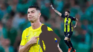 Cristiano Ronaldo looks upset while pointing the Al Nassr badge as Karim Benzema celebrates wearing the Al Ittihad jersey and a mystery player is in the middle. (Source: Cristiano Xtra X, Benzema X)