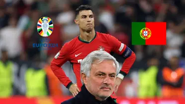 Cristiano Ronaldo looks upset with the Portugal kit on while Jose Mourinho slightly grins; the Portugal flag and the EUROS 2024 logo is next to CR7. (Source: GOATTWORLD X)