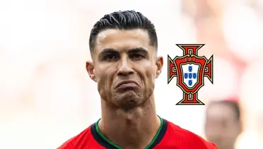 Cristiano Ronaldo makes an 'impressed' face while wearing the Portugal jersey; the Portugal national team badge is next to him. (Source: GOATTWORLD X)